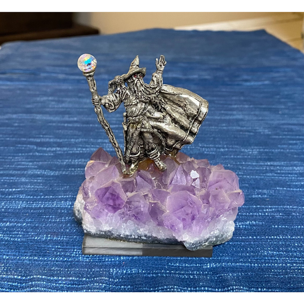Vintage Pewter Figurine Mythical Wizard Crystal Ball Purple Amethyst Geode 13B